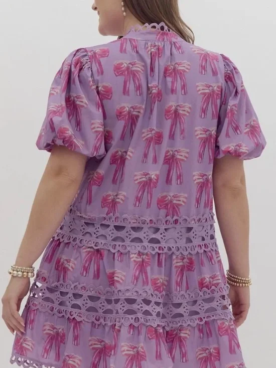 Umgee-Lilac & Pink Bow Print Lace Trim Mini Dress - Picture 2 of 5